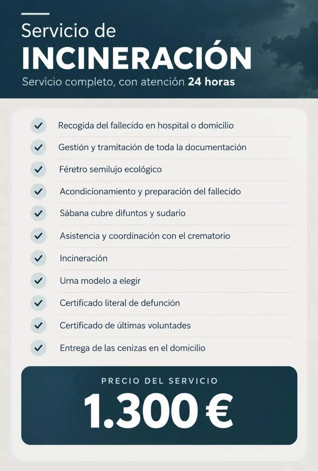 Servicio de incineración en funeraria con precio de 1300€